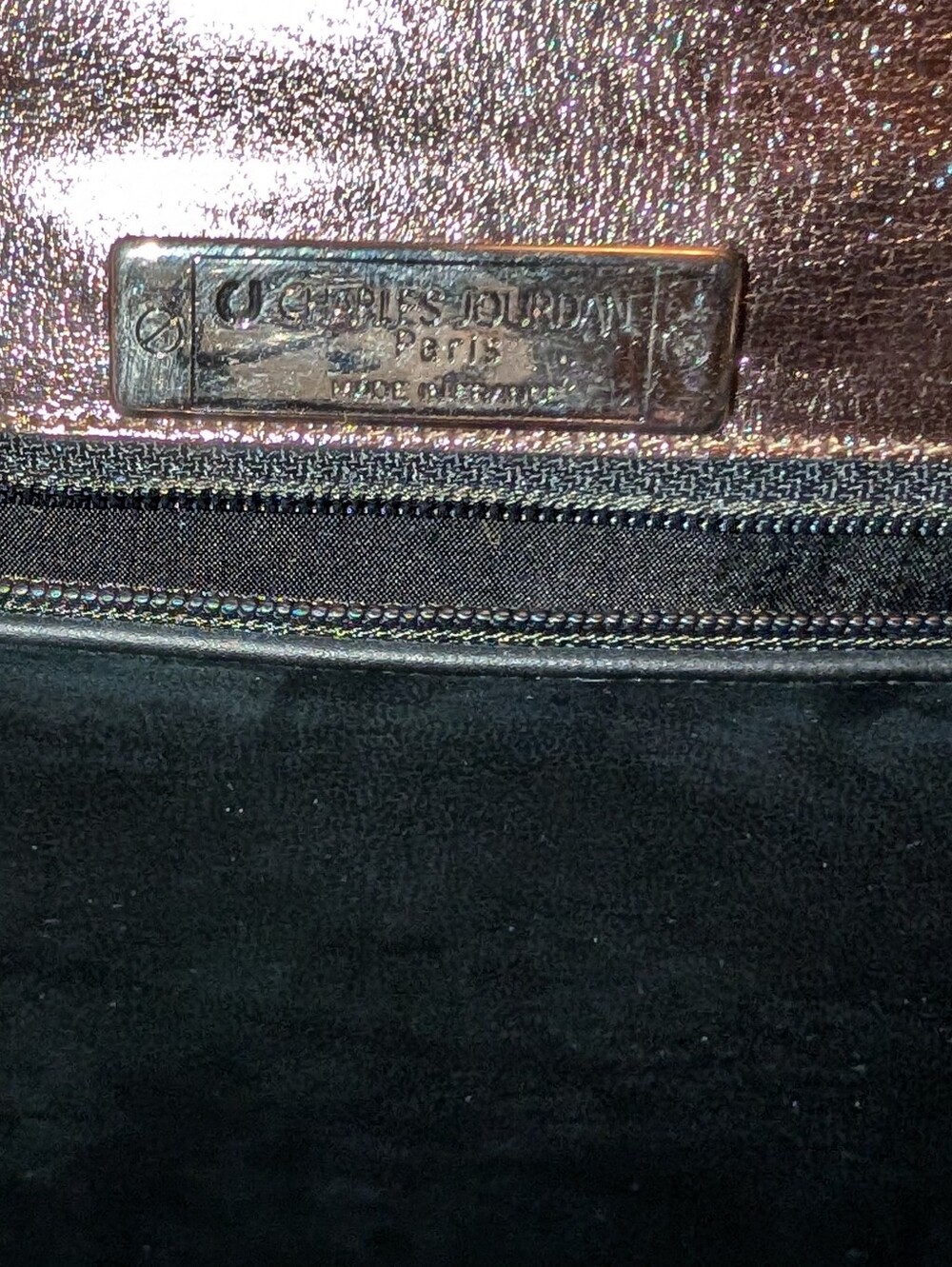 Charles Jourdan Paris Leather Chain Clutch Metallic Pewter With Crystals VGUC - Picture 5 of 16